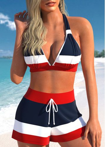 Drawstring High Waisted Striped Navy Bikini Set - unsigned - Modalova