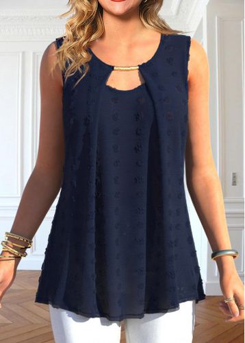 Navy Cut Out Round Neck Tank Top - unsigned - Modalova