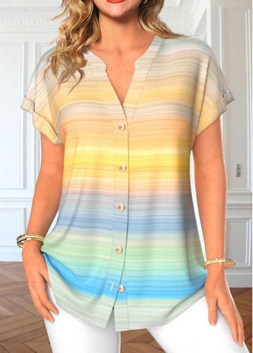 Rainbow Color Button Ombre Short Sleeve Blouse - unsigned - Modalova