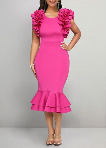 Hot Pink Ruffle Short Sleeve Bodycon Dress - unsigned - Modalova