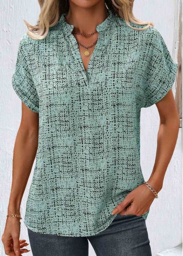 Sage Green Split Geometric Print Short Sleeve Blouse - unsigned - Modalova