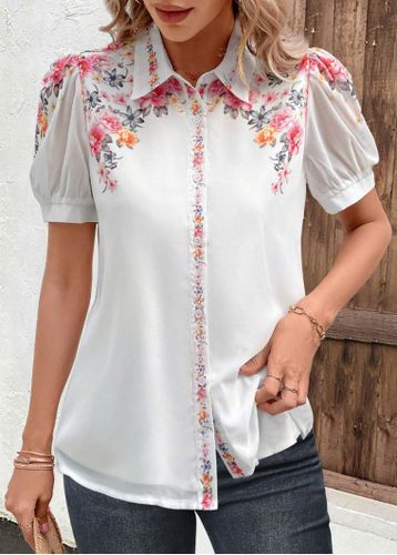 Valentine's Day White Button Floral Print Short Sleeve Blouse - unsigned - Modalova