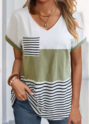 Sage Green Pocket Striped Short Sleeve T Shirt - unsigned - Modalova