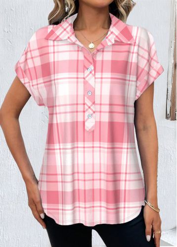 Pink Button Plaid Short Sleeve Shirt Collar Blouse - unsigned - Modalova