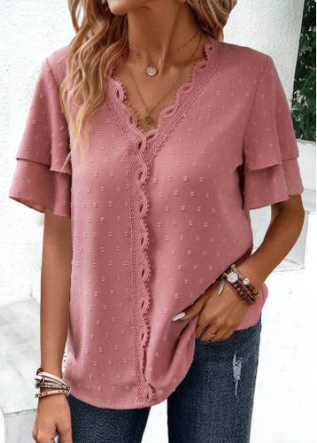 Pink Lace Short Sleeve V Neck Blouse - unsigned - Modalova