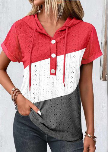 Multi Color Button Short Sleeve Hooded T Shirt - unsigned - Modalova