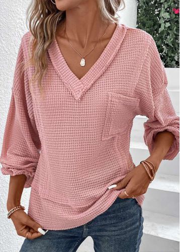 Pink Patchwork Long Sleeve V Neck T Shirt - unsigned - Modalova