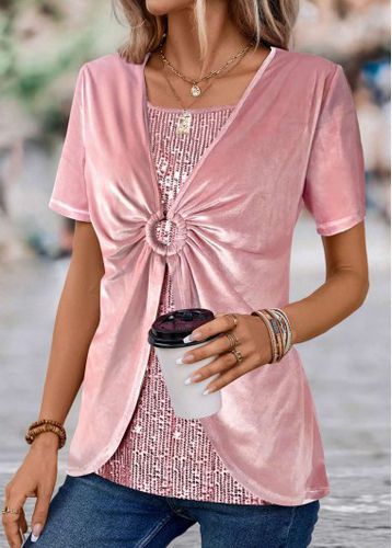 Pink Sequin Short Sleeve V Neck T Shirt - unsigned - Modalova