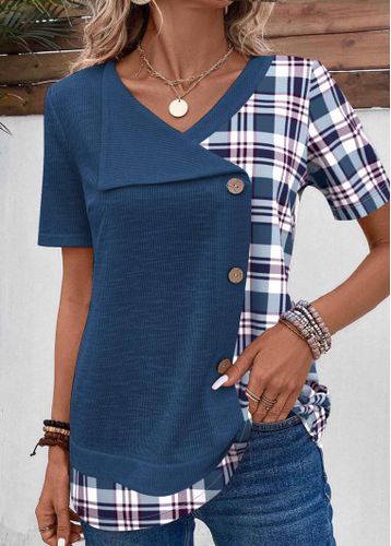 Blue Patchwork Plaid Short Sleeve T Shirt - unsigned - Modalova