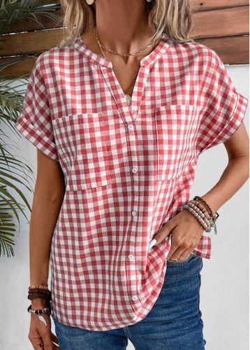 Red Pocket Plaid Short Sleeve Split Neck Blouse - unsigned - Modalova