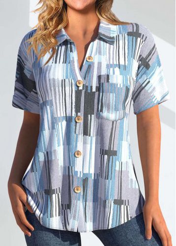 Light Blue Pocket Geometric Print Short Sleeve Blouse - unsigned - Modalova