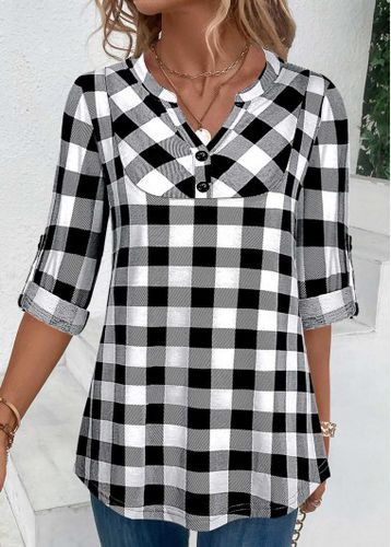 Black Button Plaid Three Quarter Length Sleeve Blouse - unsigned - Modalova