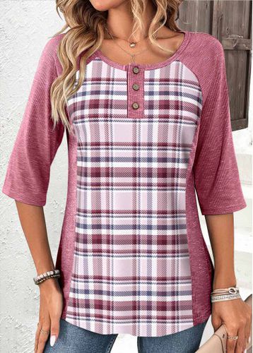Pink Patchwork Button Plaid T Shirt - unsigned - Modalova