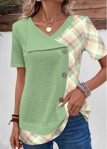 Light Green Button Plaid Short Sleeve T Shirt - unsigned - Modalova