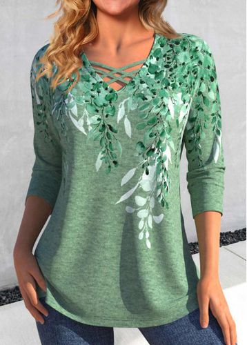Green Criss Cross Plants Print T Shirt - unsigned - Modalova