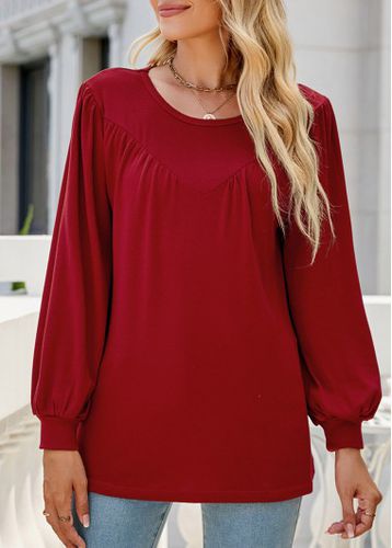Wine Red Patchwork Long Sleeve Round Neck Blouse - unsigned - Modalova