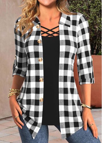 Shirt Collar Black Fake 2in1 Plaid Blouse - unsigned - Modalova