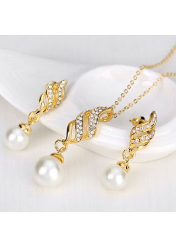 White Round Pearl Rhinestone Necklace and Earrings - unsigned - Modalova