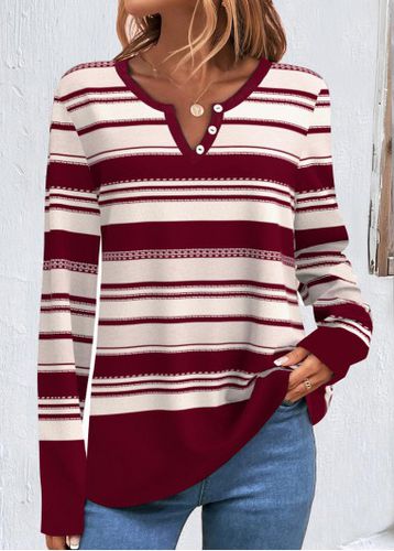 Wine Red Button Striped Long Sleeve Sweatshirt - unsigned - Modalova