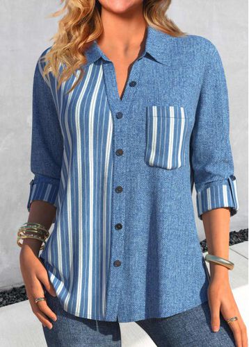 Denim Blue Patchwork Denim-effect Print Long Sleeve Blouse - unsigned - Modalova