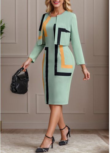 Sage Green Two Piece Geometric Print Dress and Cardigan - unsigned - Modalova