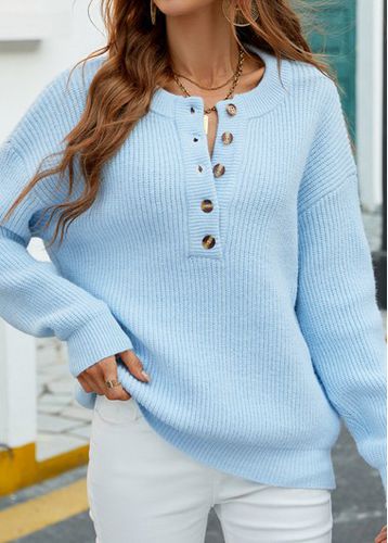 Light Blue Button Long Sleeve Split Neck Sweater - unsigned - Modalova