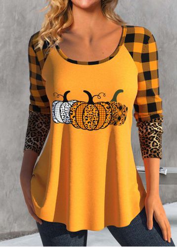 Orange Patchwork Halloween Print Long Sleeve T Shirt - unsigned - Modalova