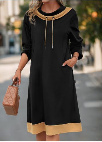 Black Pocket Long Sleeve Cowl Neck Shift Dress - unsigned - Modalova