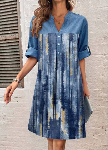 Denim Blue Button Denim-effect Print Dress - unsigned - Modalova