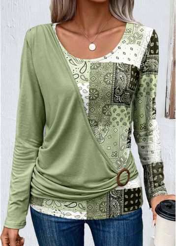 Light Green Asymmetry Patchwork Long Sleeve T Shirt - unsigned - Modalova