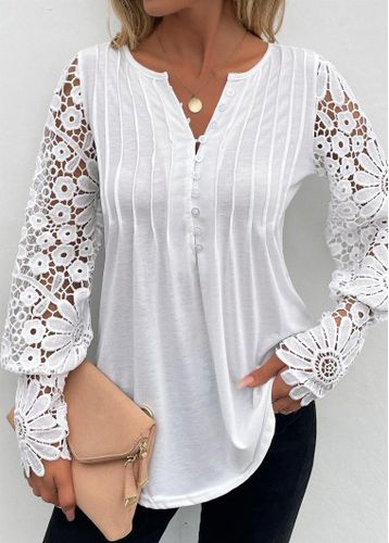 White Tuck Stitch Long Sleeve Split Neck T Shirt - unsigned - Modalova