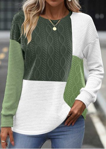 Blackish Green Patchwork Long Sleeve Round Neck Sweatshirt - unsigned - Modalova