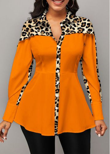 Orange Patchwork Leopard Long Sleeve Shirt Collar Blouse - unsigned - Modalova