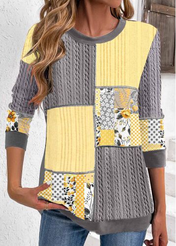 Grey Patchwork Geometric Print Long Sleeve Round Neck Sweatshirt - unsigned - Modalova