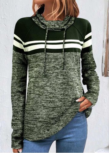 Blackish Green Patchwork Striped Long Sleeve Cowl Neck Sweatshirt - unsigned - Modalova