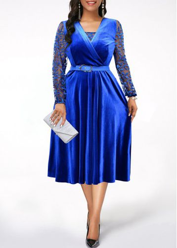 Royal Blue Embroidery Long Sleeve Dress - unsigned - Modalova