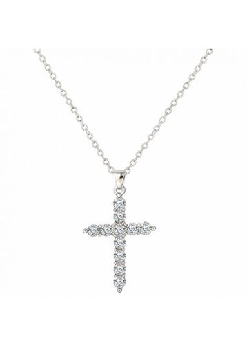 Silvery White Cross Alloy Rhinestone Necklace - unsigned - Modalova