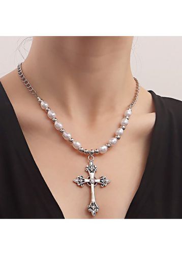 Silvery White Cross Pearl Detail Necklace - unsigned - Modalova