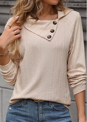Beige Button Long Sleeve Asymmetrical Neck Sweatshirt - unsigned - Modalova