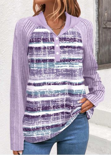 Light Purple Button Striped Long Sleeve Hooded Sweatshirt - unsigned - Modalova