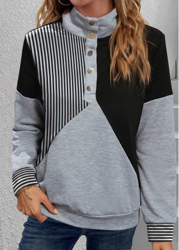 Black Snap Button Striped Long Sleeve Turtleneck Sweatshirt - unsigned - Modalova