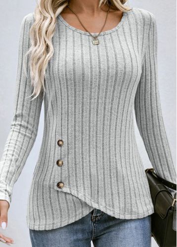 Grey Button Long Sleeve Round Neck T Shirt - unsigned - Modalova