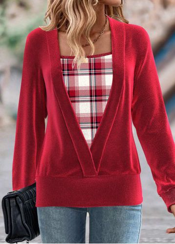 Red Fake 2in1 Plaid Long Sleeve Square Neck Sweatshirt - unsigned - Modalova