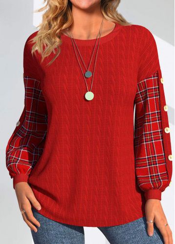 Red Button Plaid Long Sleeve Round Neck Sweatshirt - unsigned - Modalova