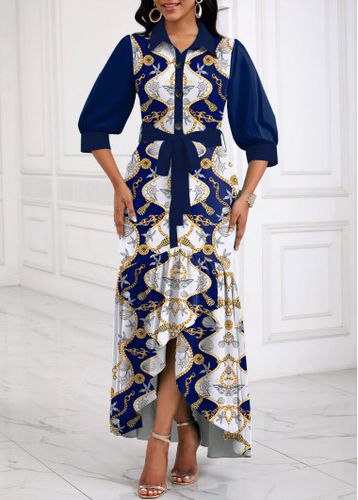 Navy Patchwork Tribal Print High Low Belted Dress - unsigned - Modalova