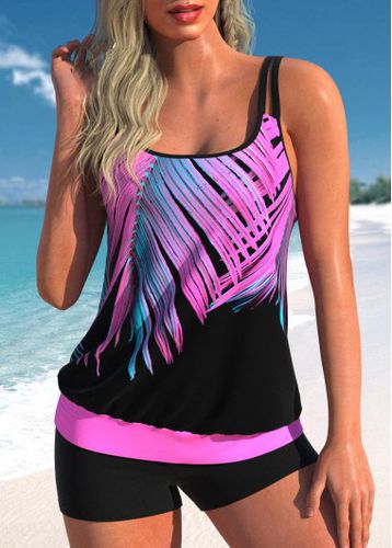 Leaf Print Hot Pink Double Straps Tankini Top - unsigned - Modalova