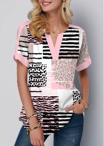 Pink Contrast Binding Geometric Print Short Sleeve Blouse - unsigned - Modalova