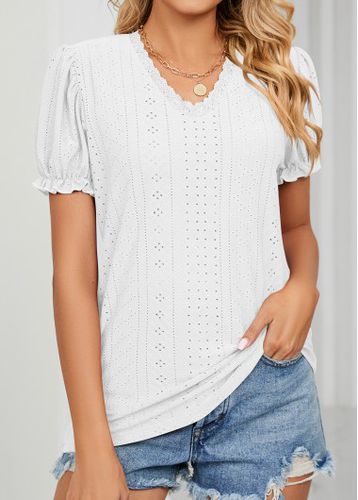 White Lace Short Sleeve V Neck T Shirt - unsigned - Modalova