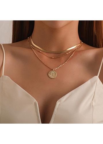Gold Round Metal Detail Layered Necklace - unsigned - Modalova
