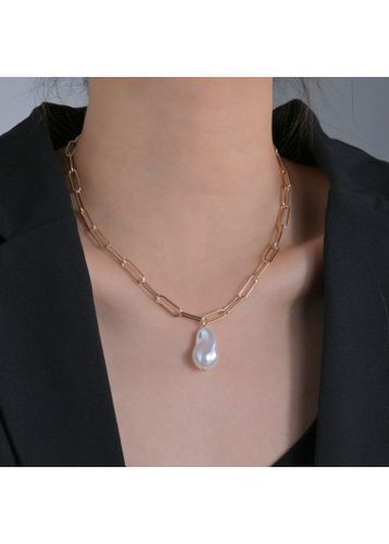 Golden Metal Asymmetrical Pearl Detail Necklace - unsigned - Modalova